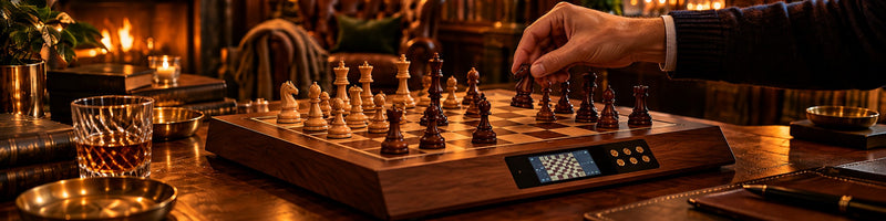 Jeu d'échecs électronique en bois avec écran intégré, une main déplace une pièce