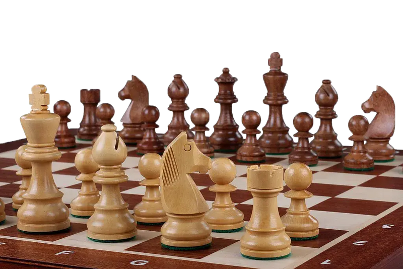 Gros plan sur un jeu d'échecs en bois pour enfant : pièces claires et foncées bien alignées sur un échiquier en bois, roi, dame, cavaliers et fous au premier plan