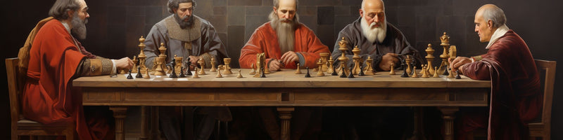 Joueurs d'échecs célèbres réunis autour d'une table avec des jeux d'échecs en bois