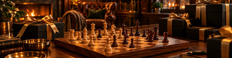 Jeu d'échecs en bois entouré de paquets cadeaux noirs et dorés pour le Black Friday