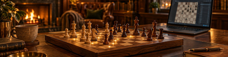 Échiquier connecté en bois avec LED pour jouer aux échecs en ligne, à côté d'un ordinateur portable