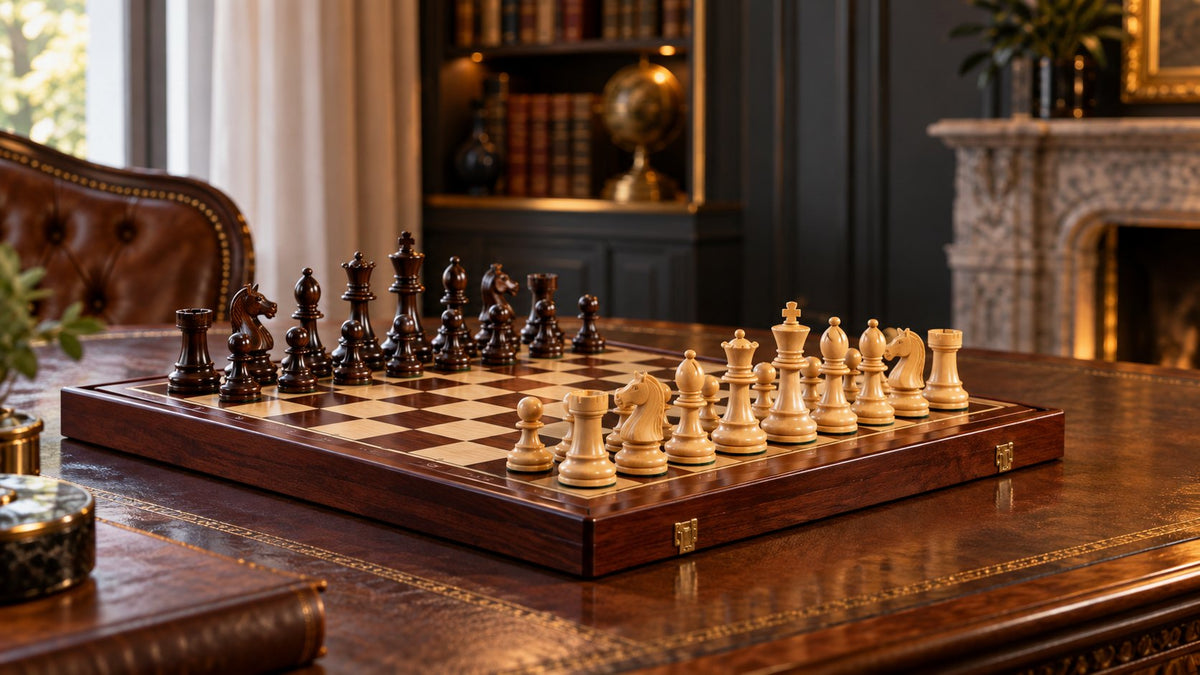 Jeu d'échecs en bois pliable sur un bureau - Echiquier Boutique