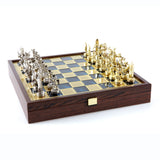 Jeu d'échecs mythologie grecque en métal avec coffret en bois bleu
